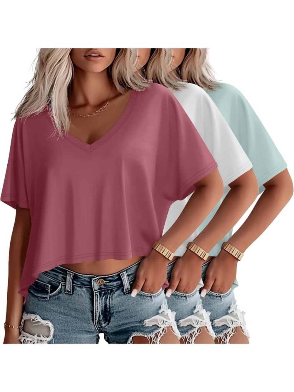3 Pack Women's Oversized V Neck T-Shirts - Comfy Casual Tops for Everyday Wear